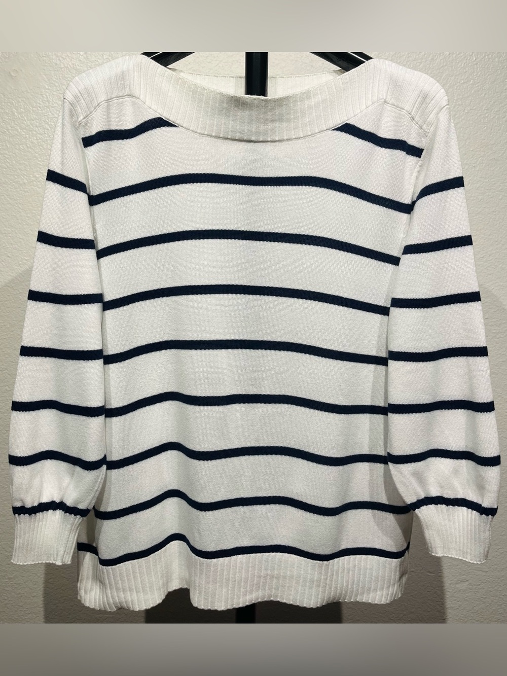 Tahari White Boatneck Sweater with Navy Stripes - Size L (Women’s)